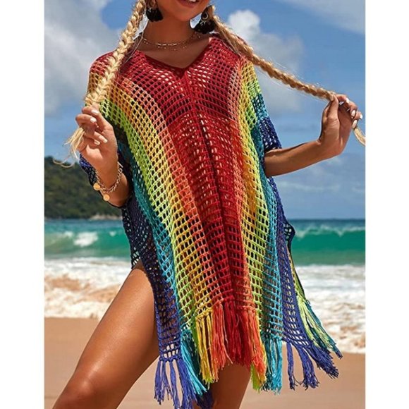 Rainbow Crochet Fringe Cover-up top